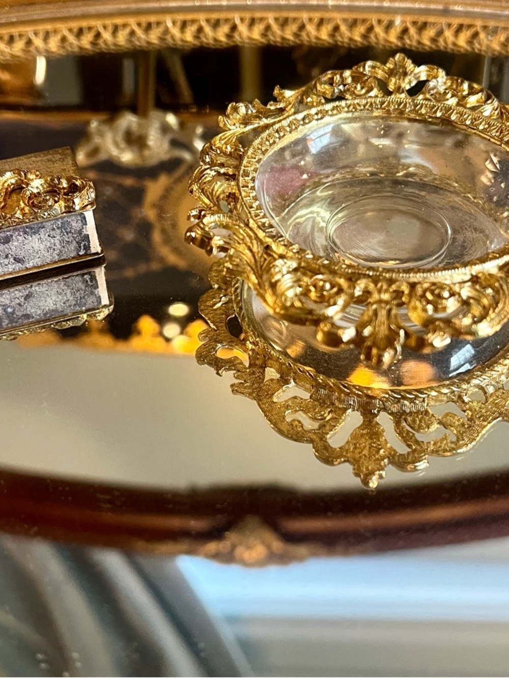 Vintage Ornate Glass & Metal Ashtray with Matchbox Holder